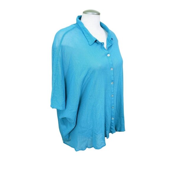 Cut Loose Womens One Size Teal Blue Sheer Mesh Collared Top Shirt Boxy Cotton - Picture 2 of 6